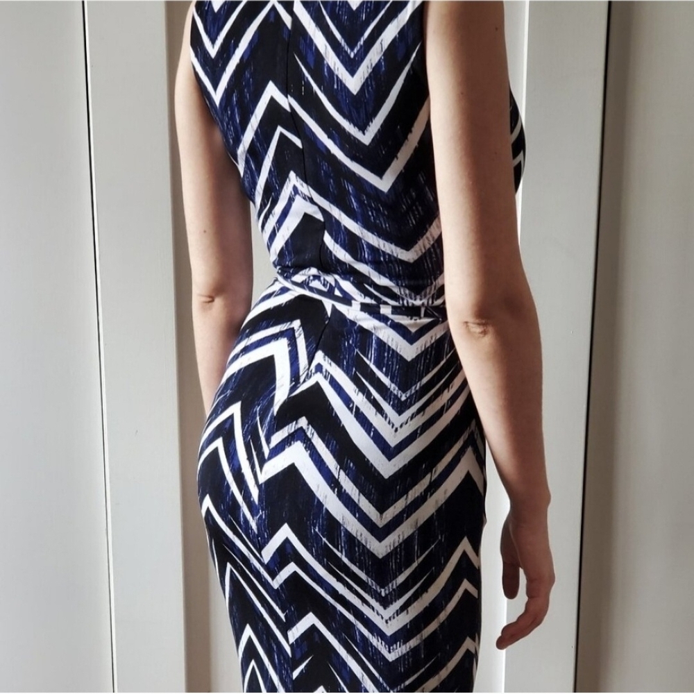 Le Chateau Navy and White Chevron Midi Dress